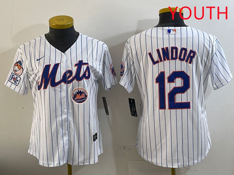 Youth New York Mets #12 Lindor White Stirpe Game Fashion 2025 Nike MLB Jersey style 4->women mlb jersey->Women Jersey